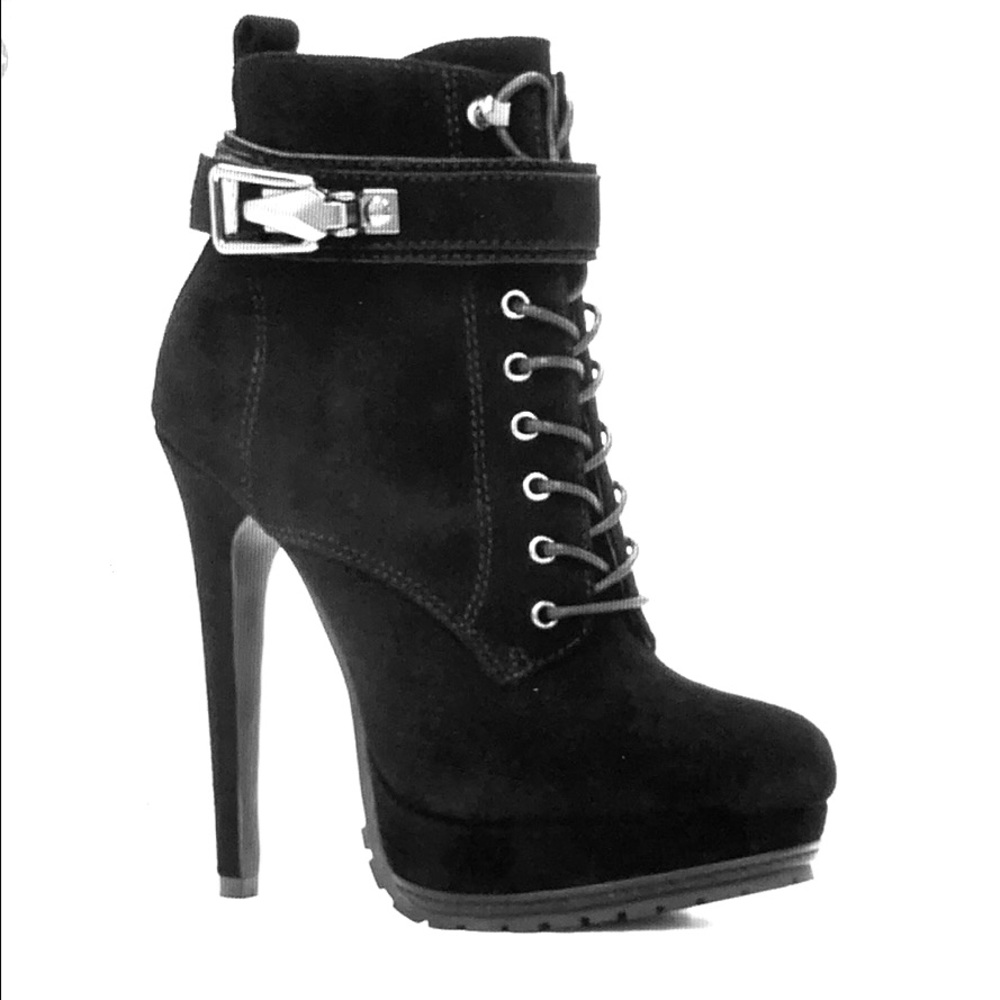 Black lace up high-heeled booties